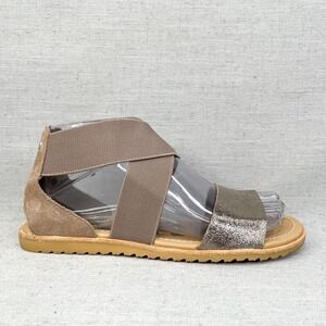 Sorel Womens 6.5 Ella Sandals Brown Cross Strappy Stretch Flat Comfort Walk Shoe